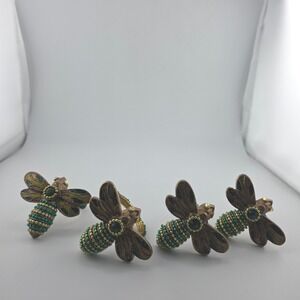 VTG Bumble Bee Napkin Rings Bronze Green Gold‎ Beaded Embellished Set of 4